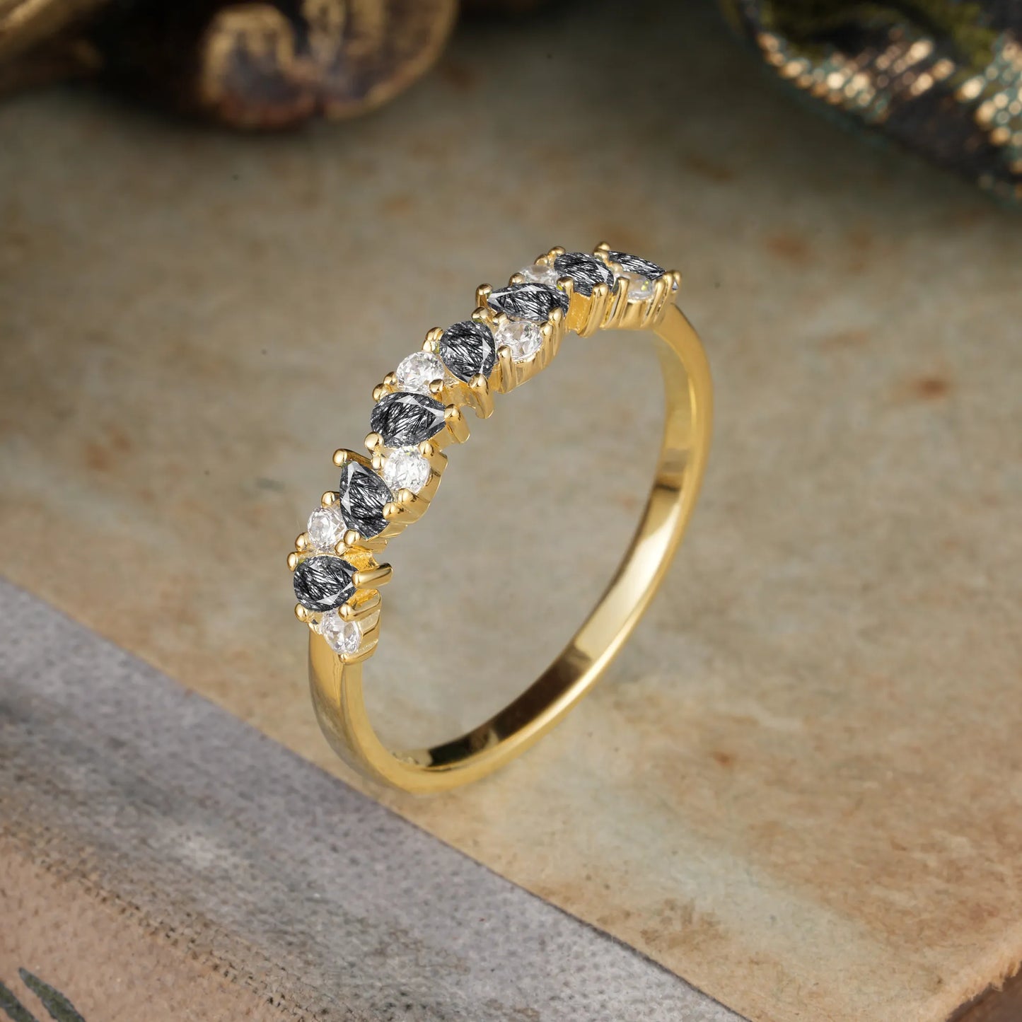 Pear Cut Classic Black Rutilated Quartz Half Eternity Wedding Band Anniversary Ring