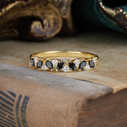 Pear Cut Classic Black Onyx Half Eternity Wedding Band Anniversary Ring