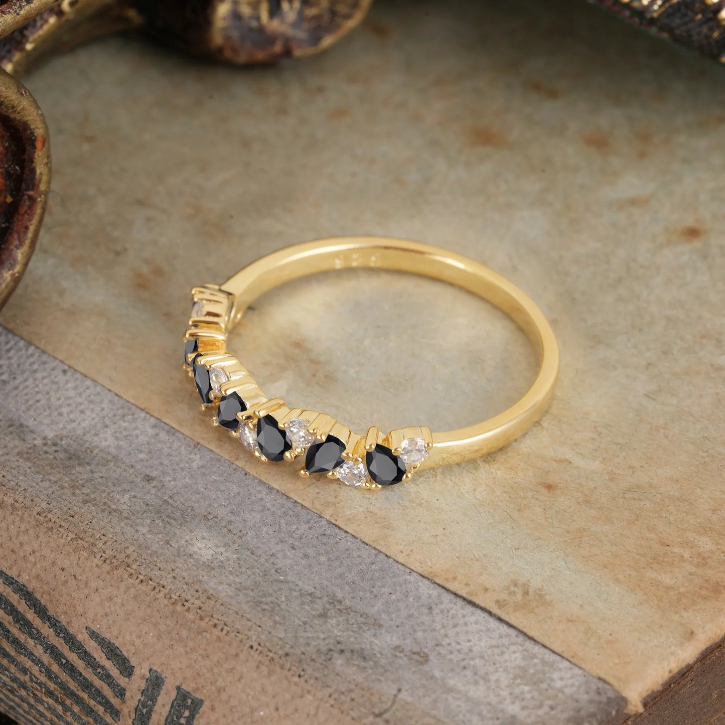 Pear Cut Classic Black Onyx Half Eternity Wedding Band Anniversary Ring