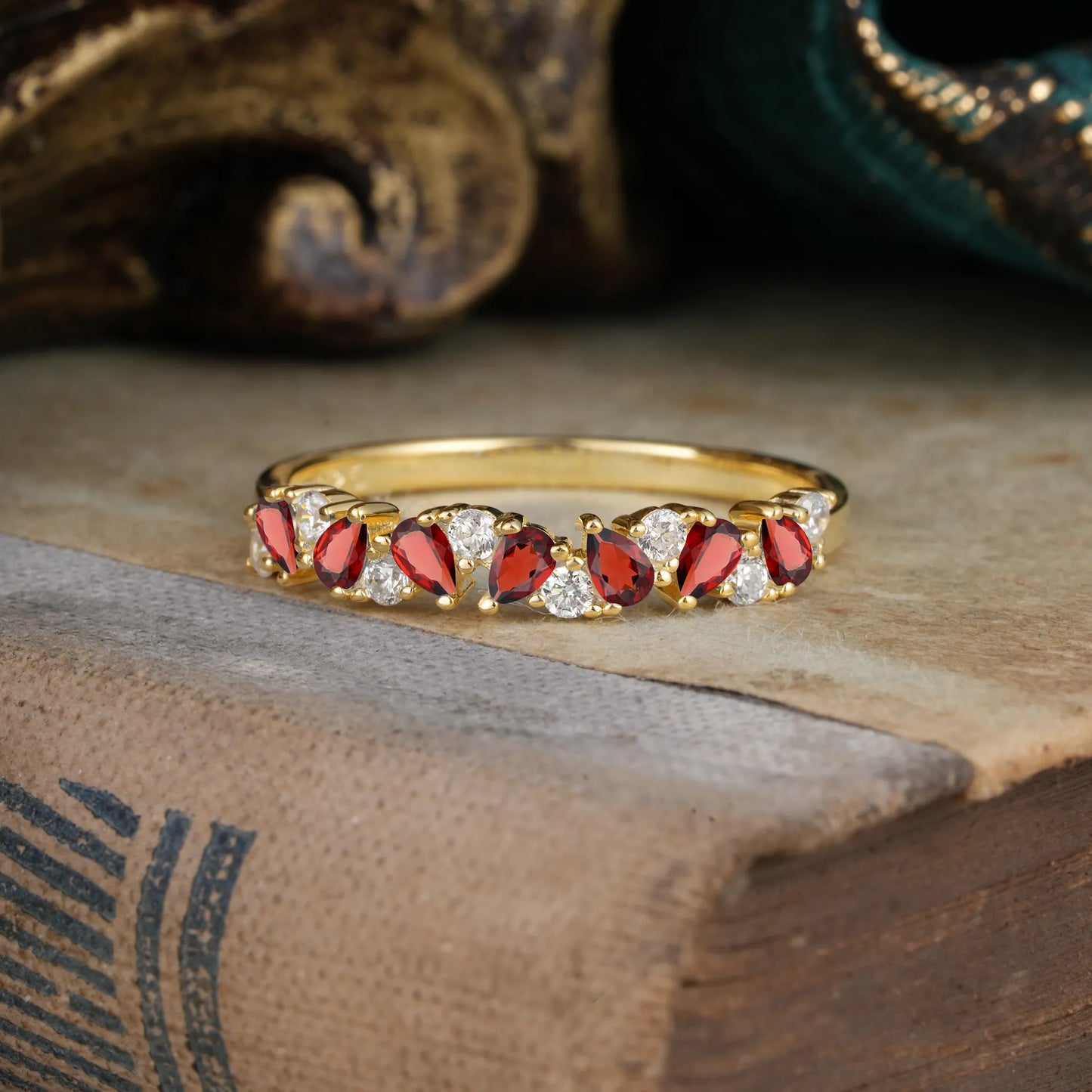 Pear Cut Classic  Garnet Half Eternity Wedding Band Anniversary Ring