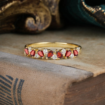 Pear Cut Classic  Garnet Half Eternity Wedding Band Anniversary Ring
