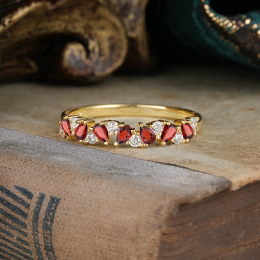 Pear Cut Classic  Garnet Half Eternity Wedding Band Anniversary Ring