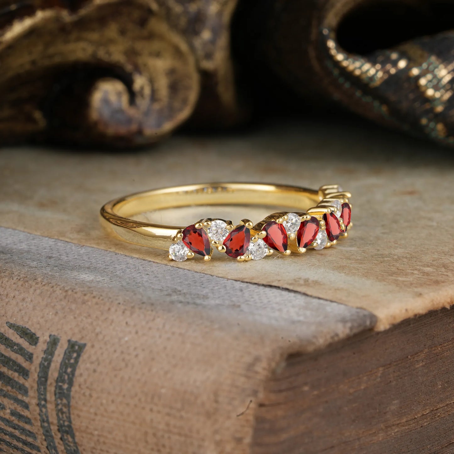 Pear Cut Classic  Garnet Half Eternity Wedding Band Anniversary Ring