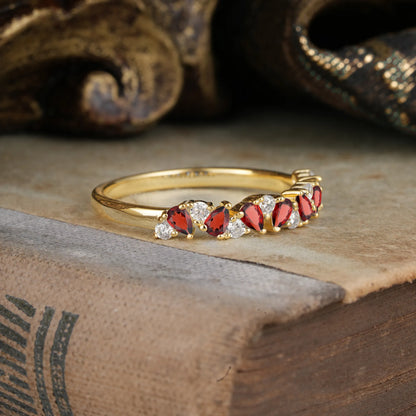 Pear Cut Classic  Garnet Half Eternity Wedding Band Anniversary Ring