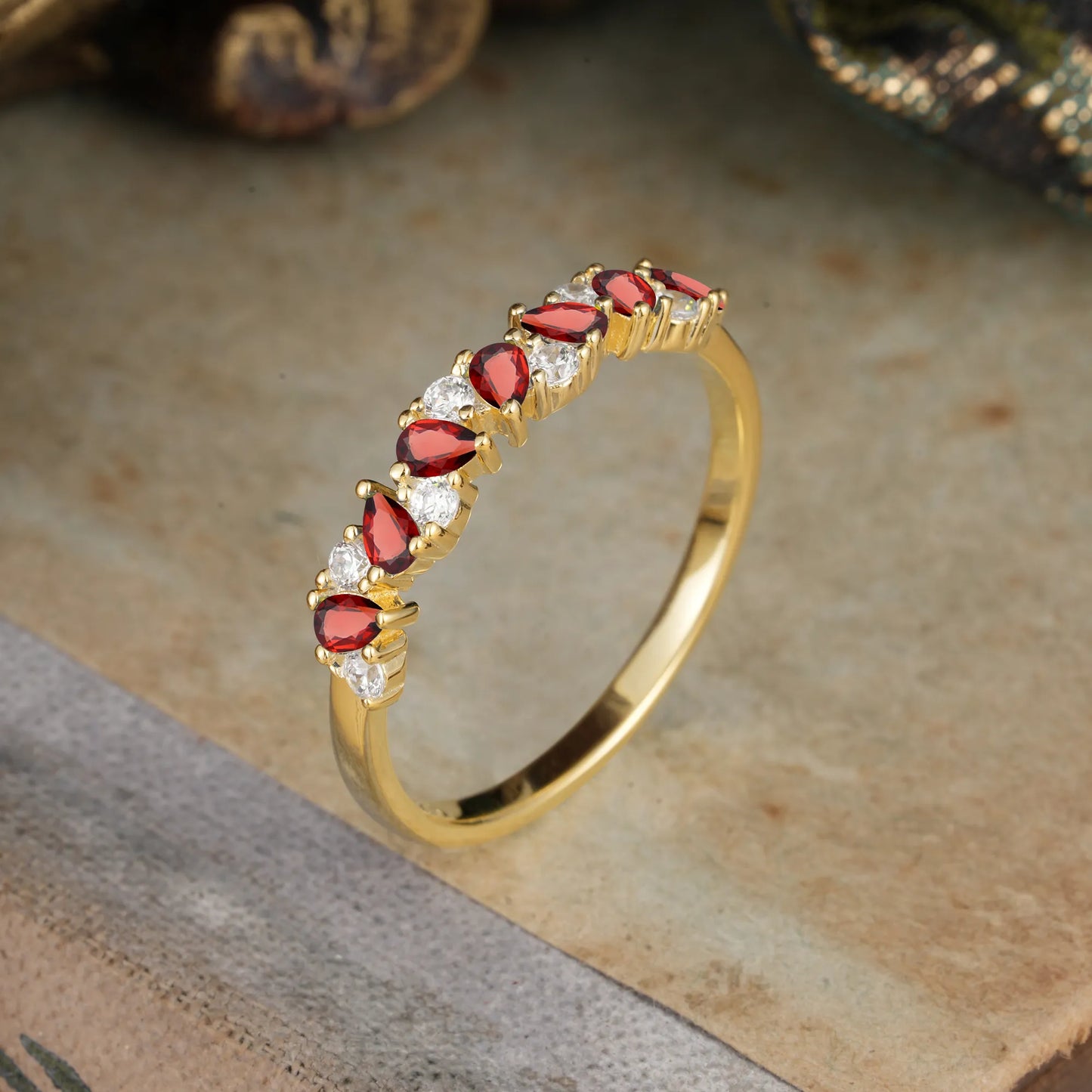 Pear Cut Classic  Garnet Half Eternity Wedding Band Anniversary Ring