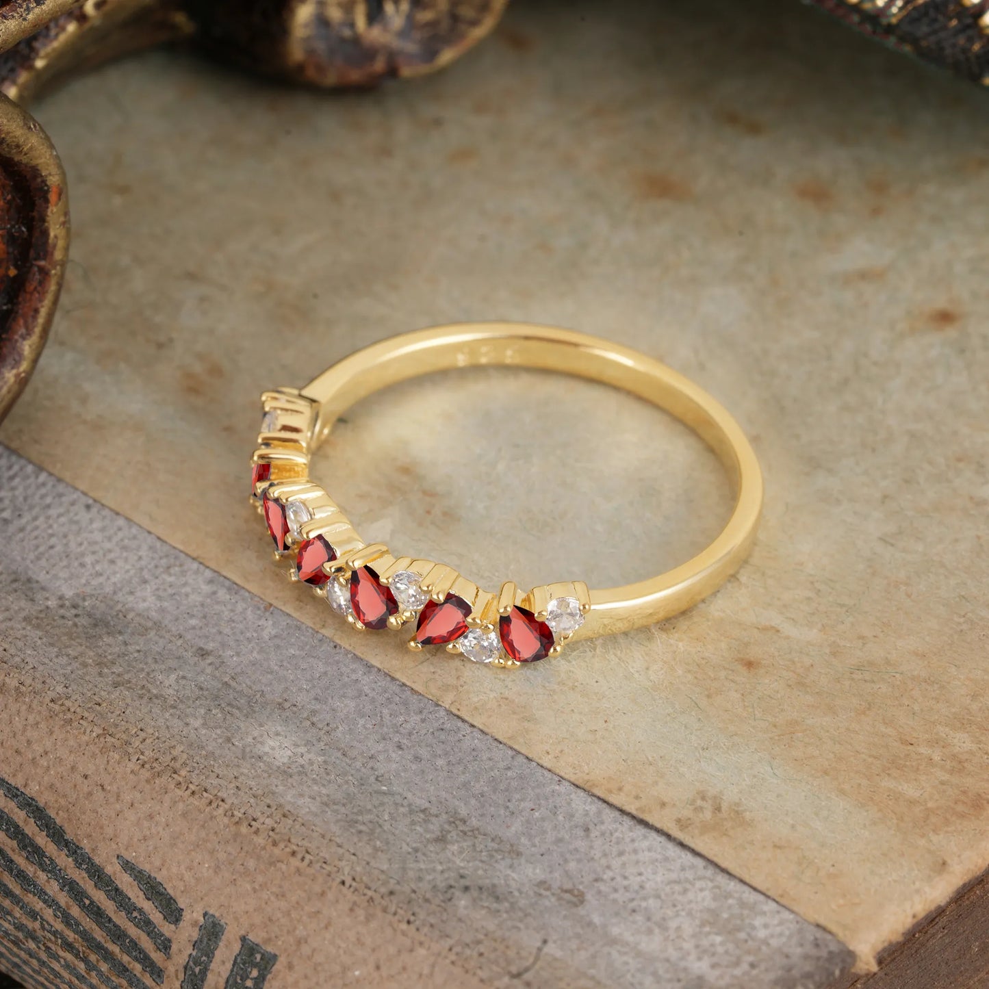 Pear Cut Classic  Garnet Half Eternity Wedding Band Anniversary Ring