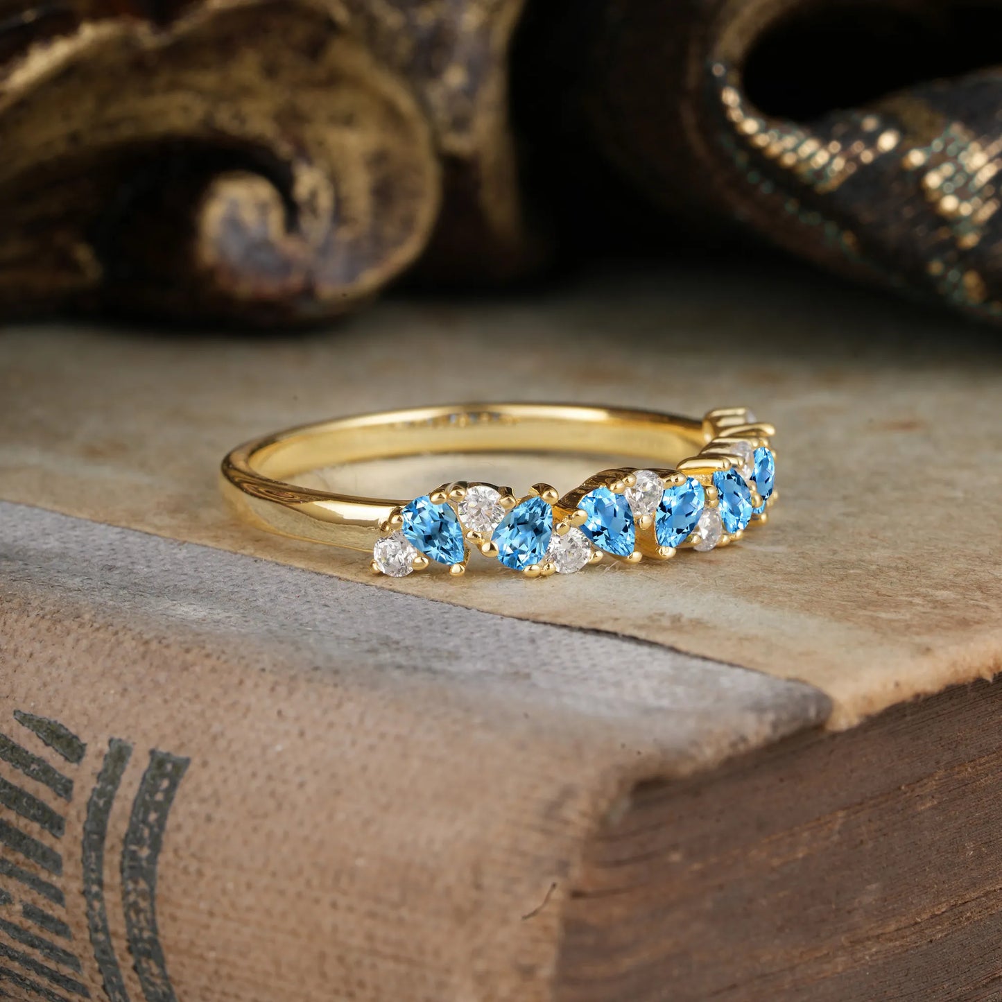 Pear Cut Classic Aquamarine Half Eternity Wedding Band Anniversary Ring