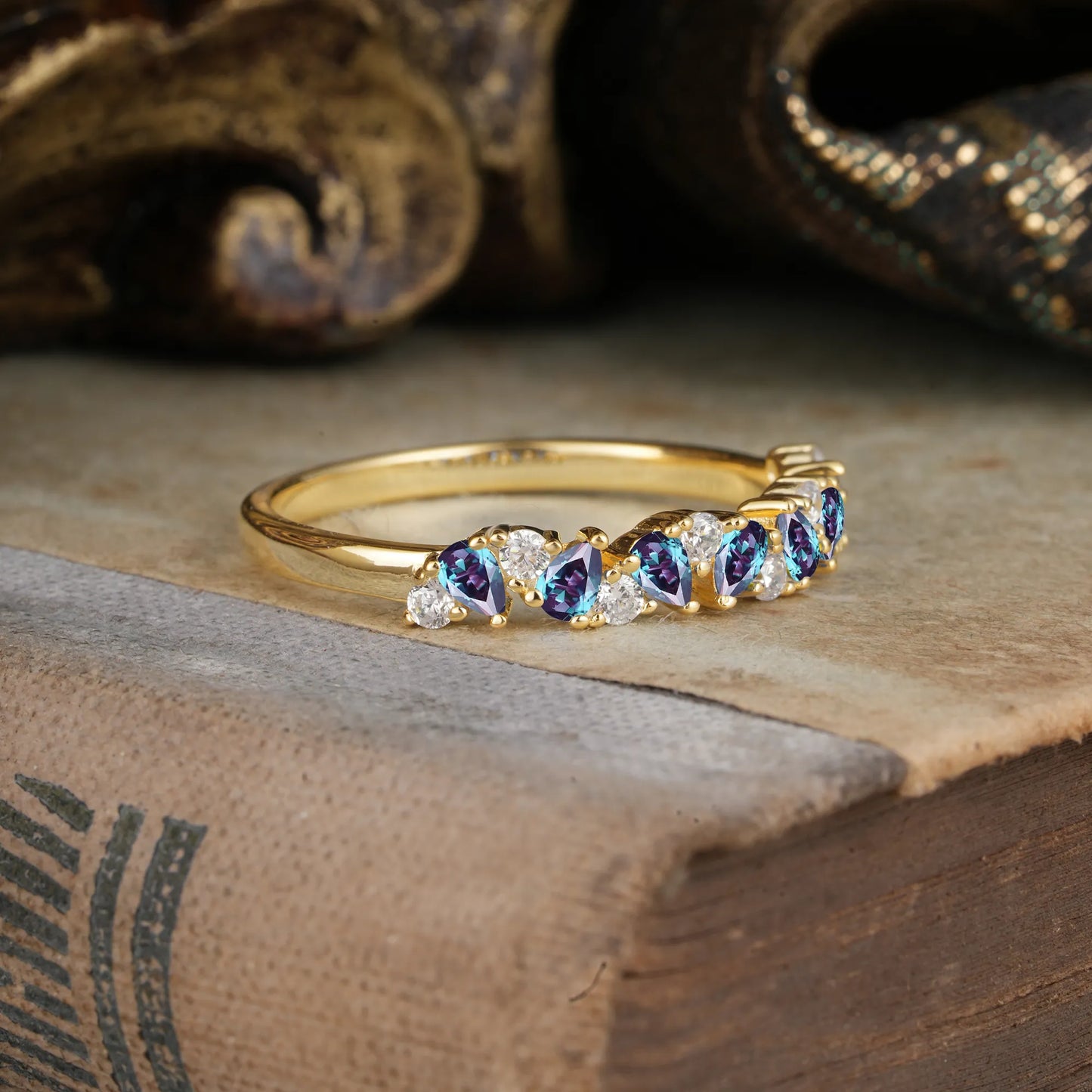 Pear Cut Classic Alexandrite Half Eternity Wedding Band Anniversary Ring