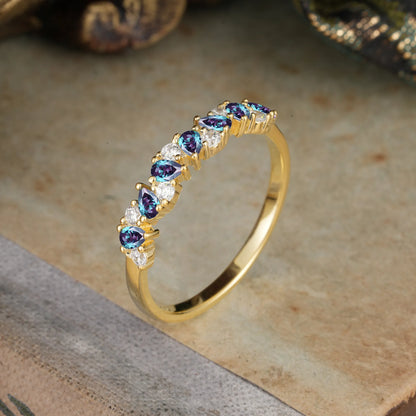 Pear Cut Classic Alexandrite Half Eternity Wedding Band Anniversary Ring