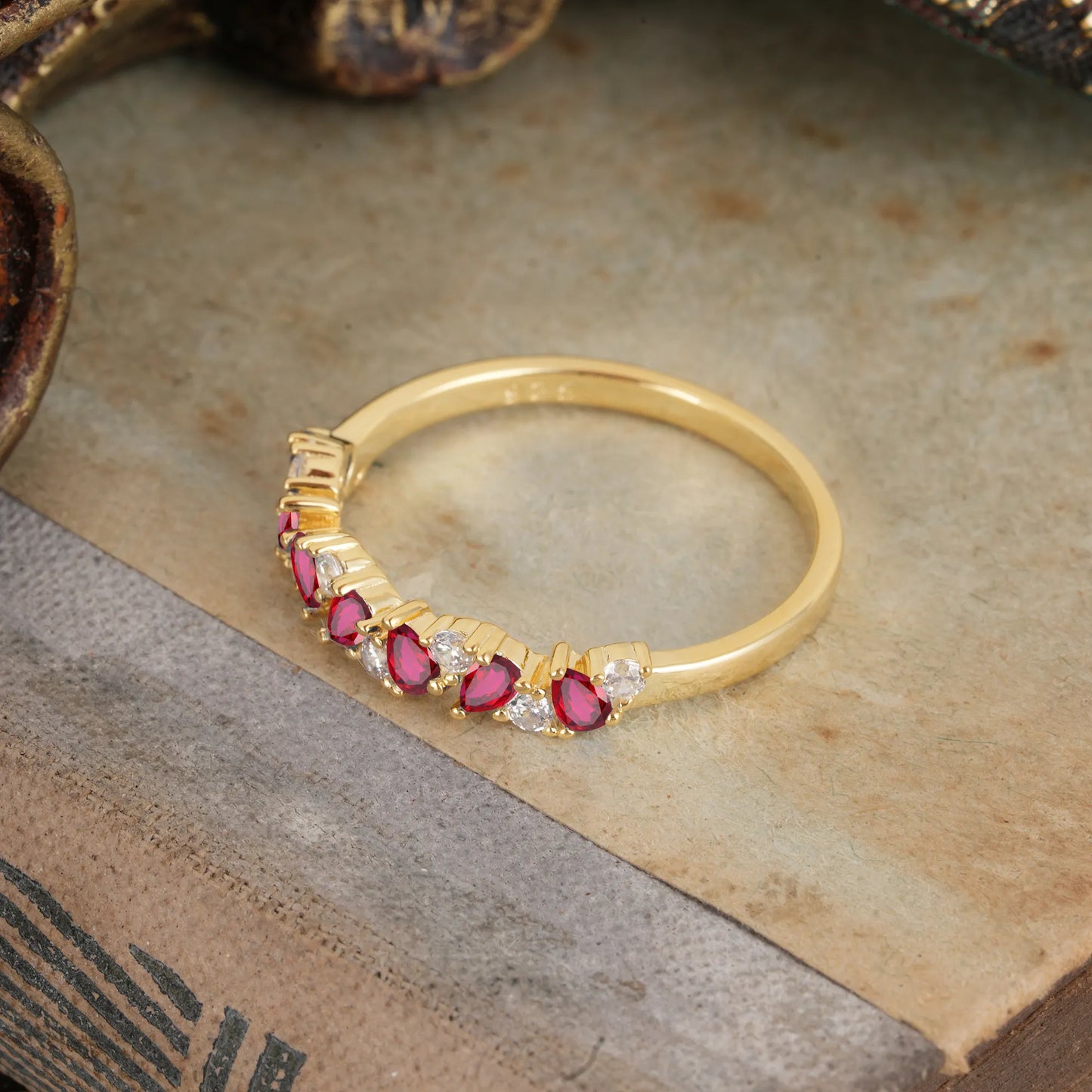 Pear Cut Classic Ruby Half Eternity Wedding Band Anniversary Ring