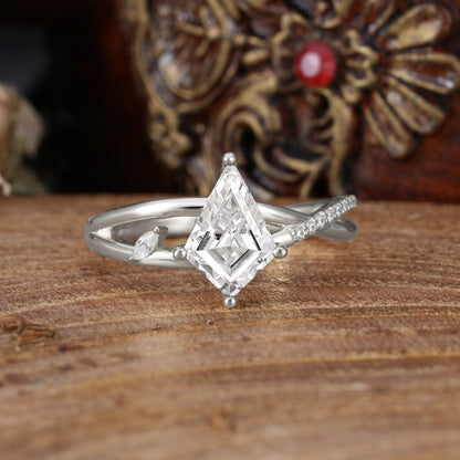 4 Prong Kite Cut 2 Carat Lab Diamond Promise Ring Nature Inspired Twisted Leaf Engagement Ring