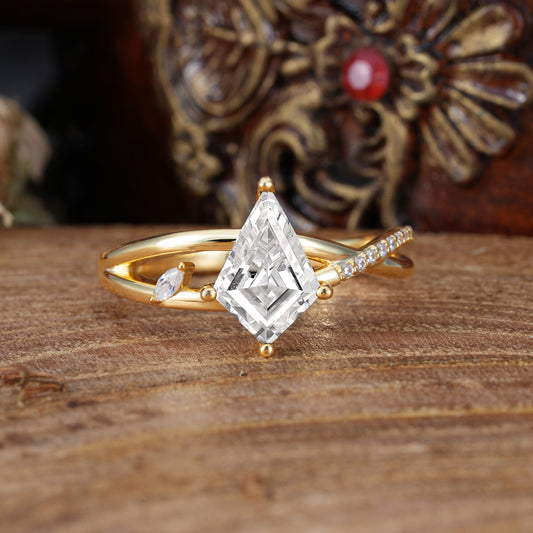 4 Prong Kite Cut 2 Carat Lab Diamond Promise Ring Nature Inspired Twisted Leaf Engagement Ring