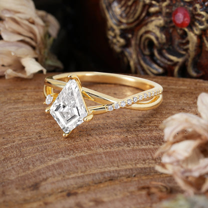 4 Prong Kite Cut 2 Carat Lab Diamond Promise Ring Nature Inspired Twisted Leaf Engagement Ring