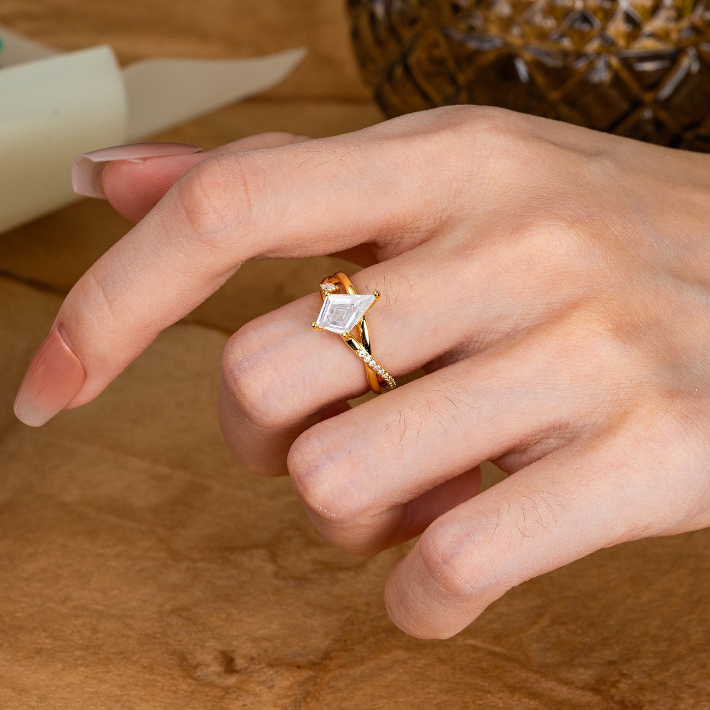 4 Prong Kite Cut 2 Carat Lab Diamond Promise Ring Nature Inspired Twisted Leaf Engagement Ring