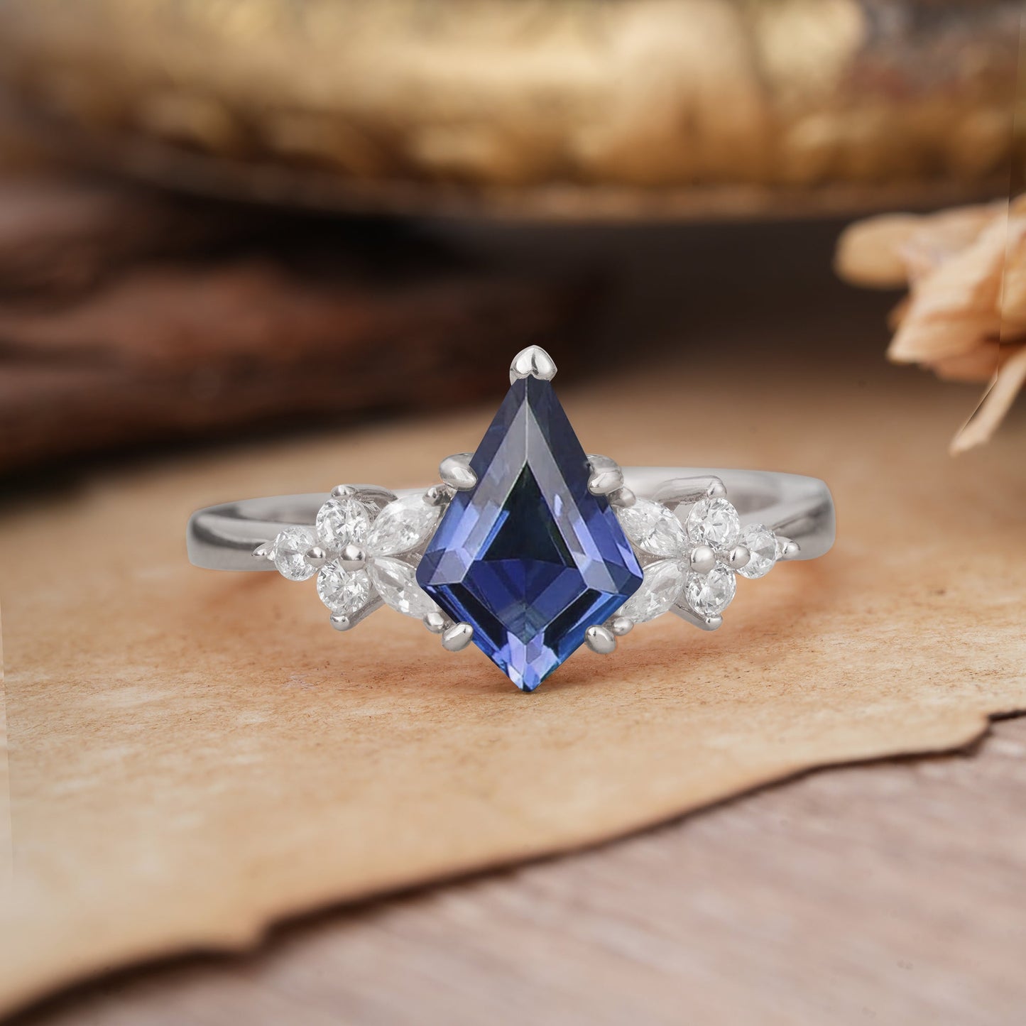 Blossom Kite Cut 2 Carat Tanzanite Engagement Ring Nature Inspired Cluster Leaf Ring