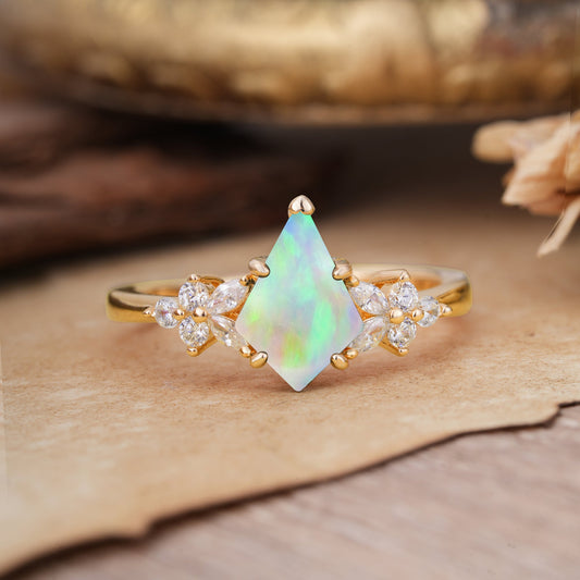 Blossom Kite Cut 2 Carat Fire Opal Engagement Ring Nature Inspired Cluster Leaf Ring