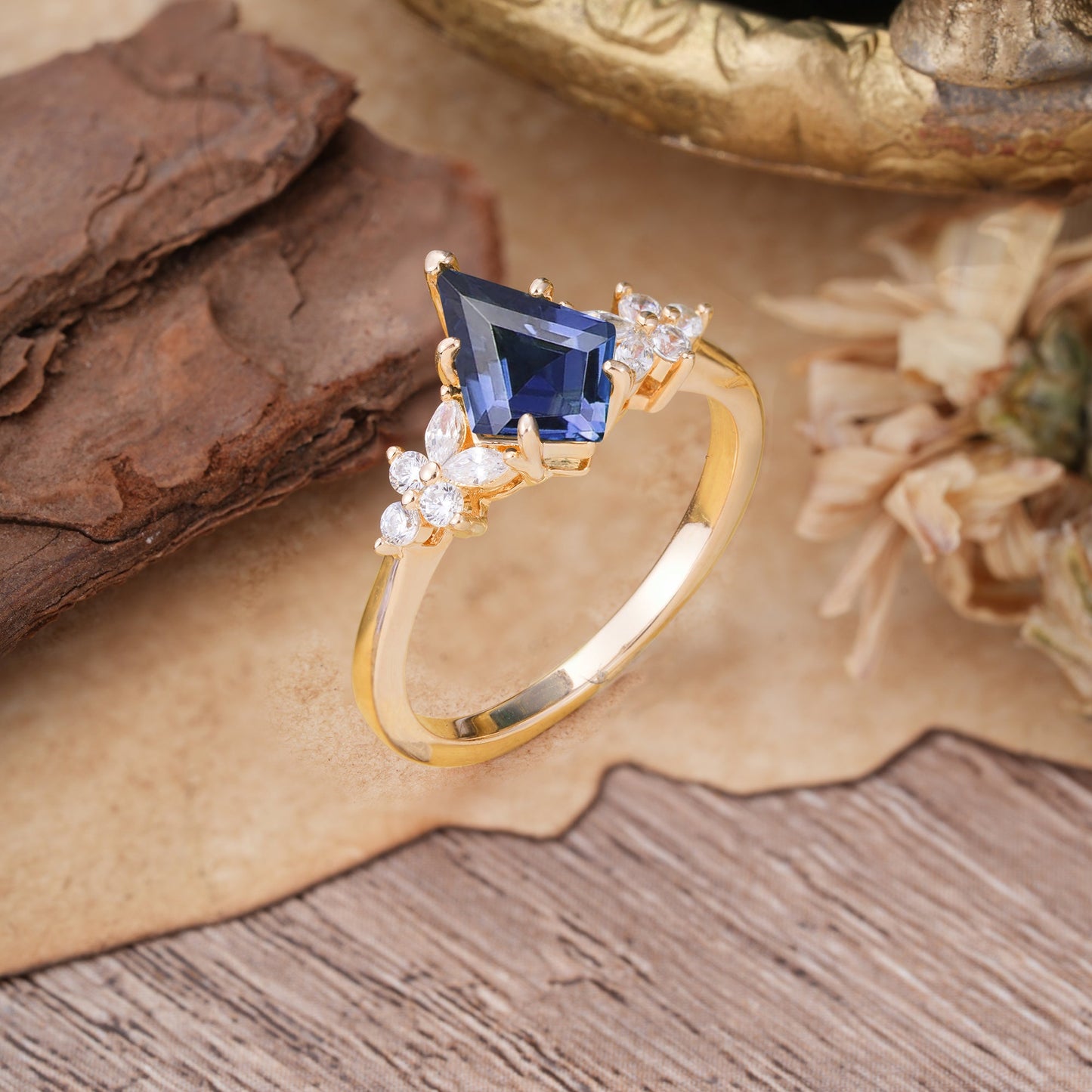Blossom Kite Cut 2 Carat Tanzanite Engagement Ring Nature Inspired Cluster Leaf Ring