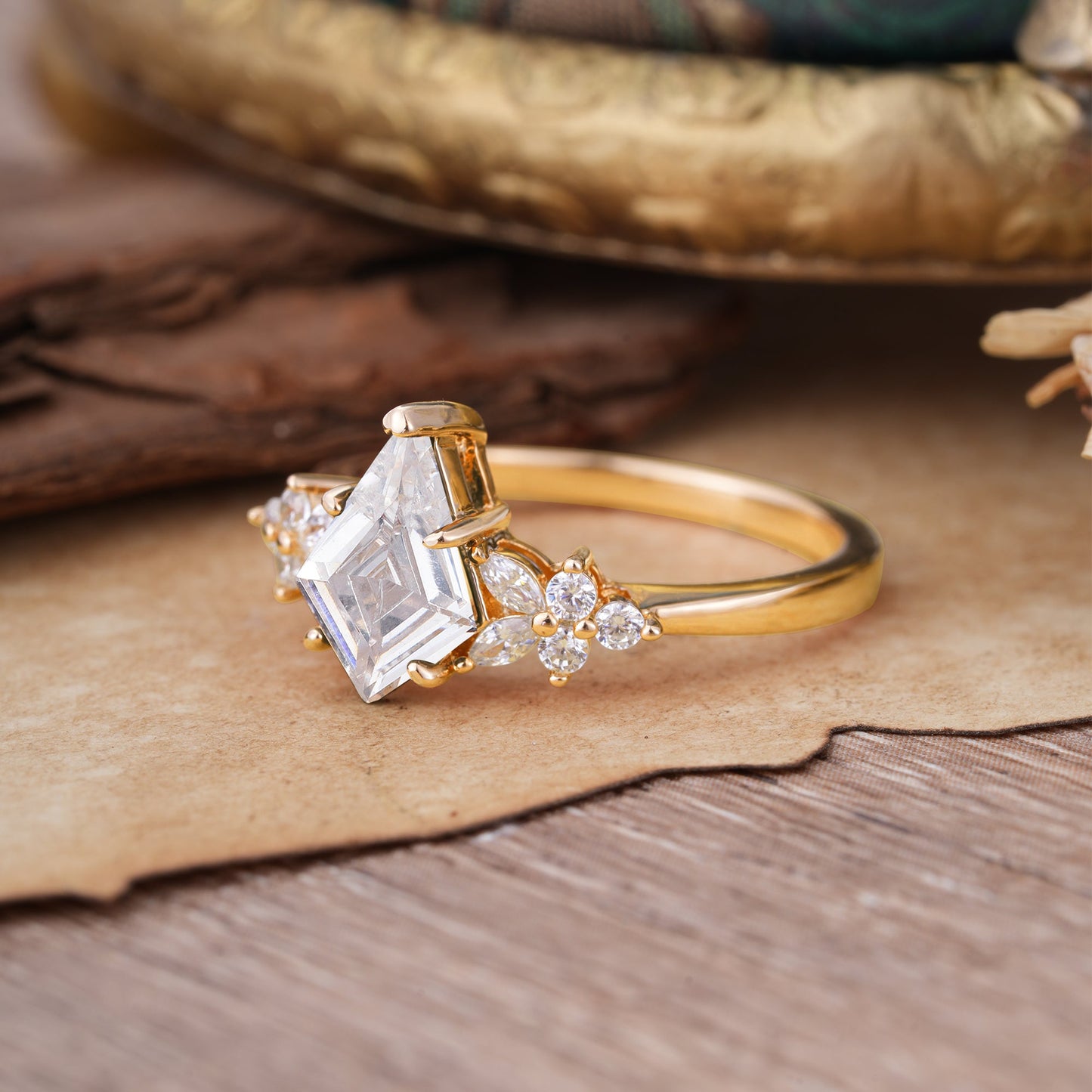 Blossom Kite Cut 2 Carat Lab Diamond Engagement Ring Nature Inspired Cluster Leaf Ring