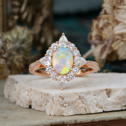Luxury Oval Cut Halo Pavé Fire Opal Engagement Ring