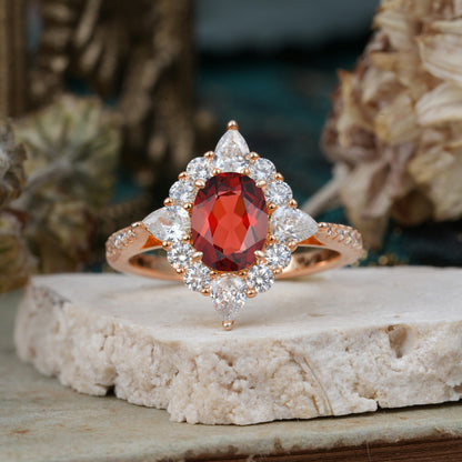 Luxury Oval Cut Halo Pavé Garnet Engagement Ring