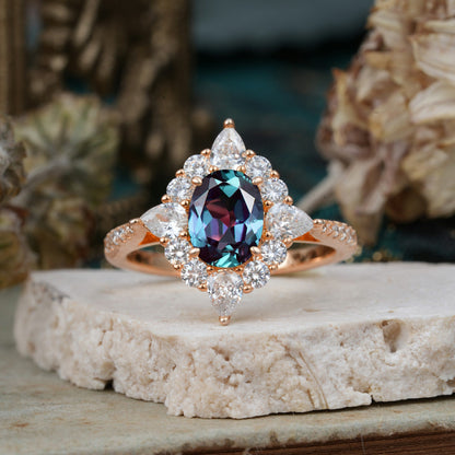 Luxury Oval Cut Halo Pavé Alexandrite Engagement Ring