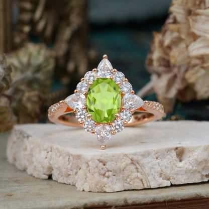 Luxury Oval Cut Halo Pavé Peridot Engagement Ring