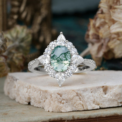 Luxury Oval Cut Halo Pavé Moss Agate Engagement Ring