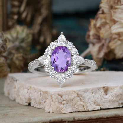 Luxury Oval Cut Halo Pavé Amethyst Engagement Ring