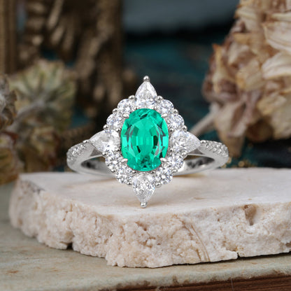 Luxury Oval Cut Halo Pavé Emerald Engagement Ring