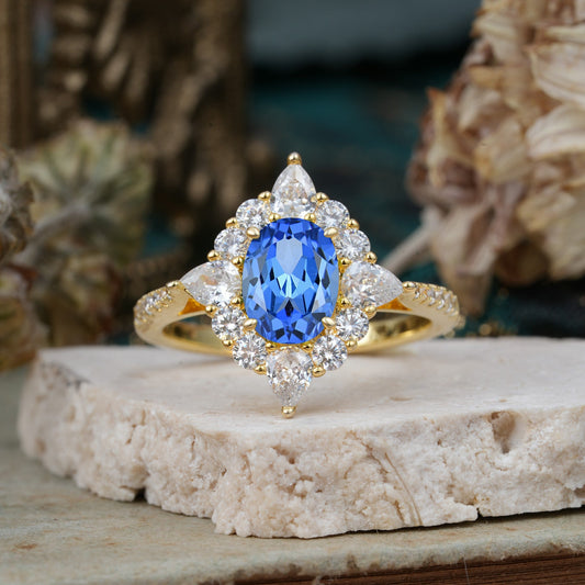 Luxury Oval Cut Halo Pavé Sapphire Engagement Ring