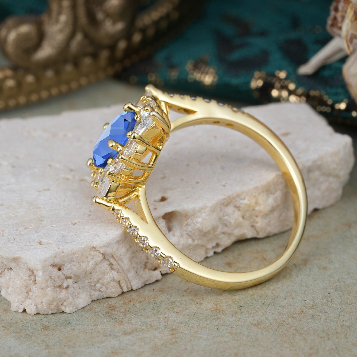 Luxury Oval Cut Halo Pavé Sapphire Engagement Ring