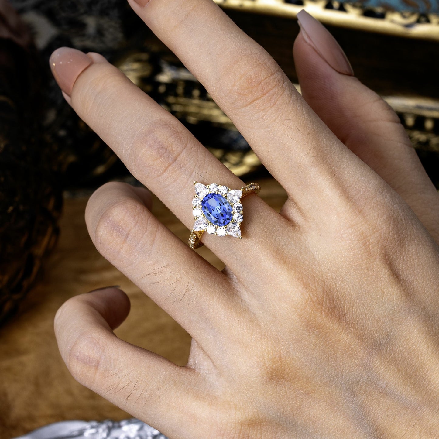 Luxury Oval Cut Halo Pavé Sapphire Engagement Ring
