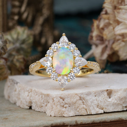 Luxury Oval Cut Halo Pavé Fire Opal Engagement Ring