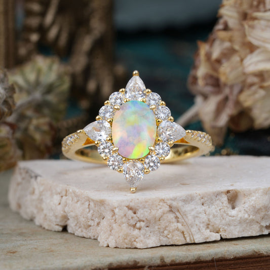 Luxury Oval Cut Halo Pavé Fire Opal Engagement Ring