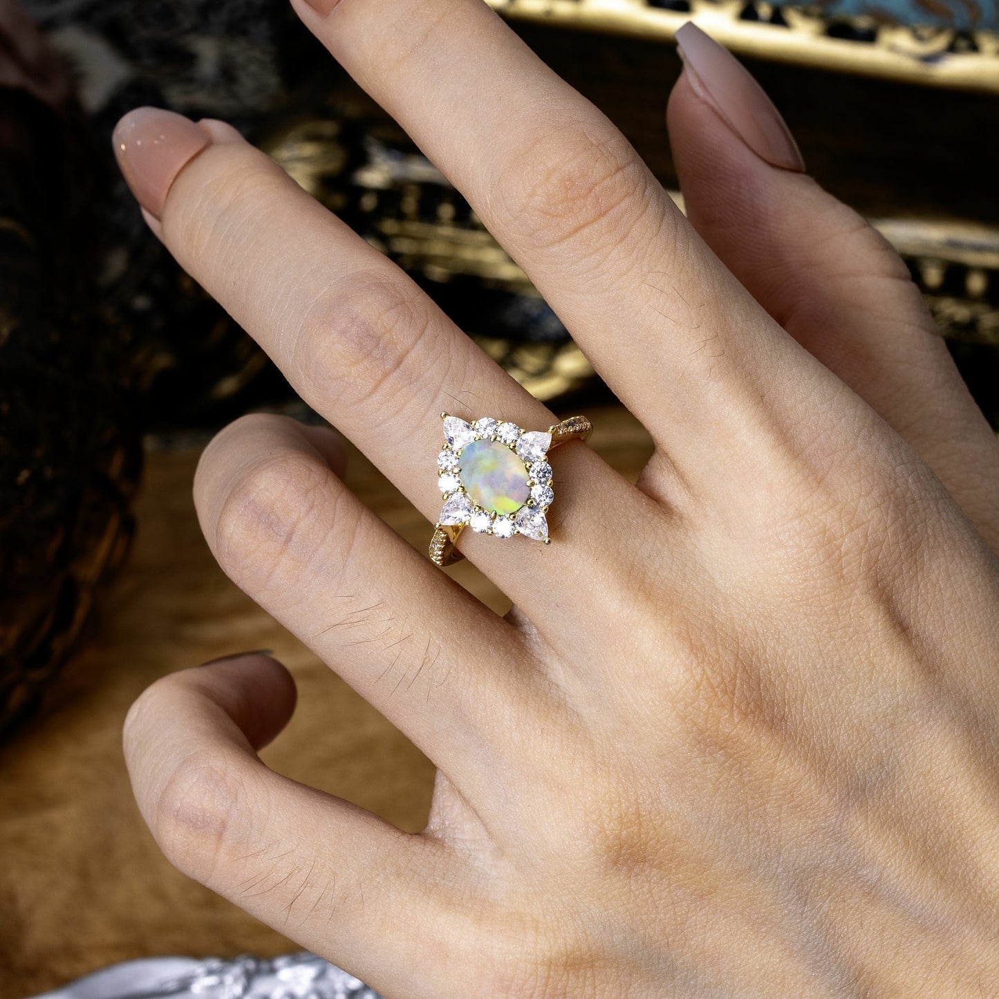 Luxury Oval Cut Halo Pavé Fire Opal Engagement Ring