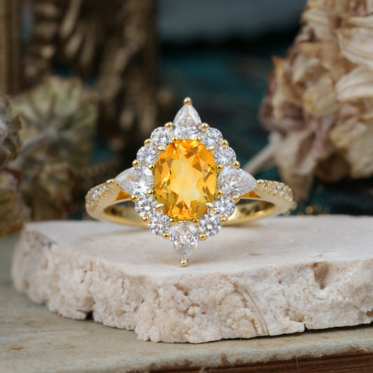 Luxury Oval Cut Halo Pavé Citrine Engagement Ring