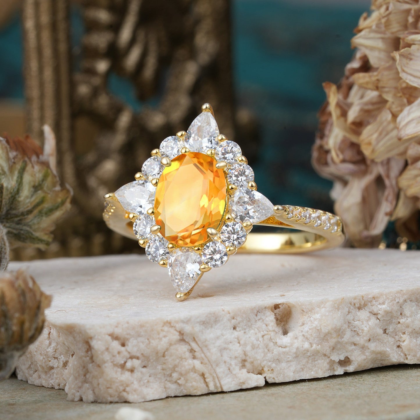 Luxury Oval Cut Halo Pavé Citrine Engagement Ring