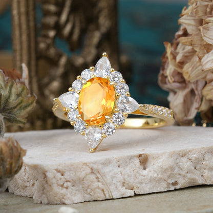 Luxury Oval Cut Halo Pavé Citrine Engagement Ring