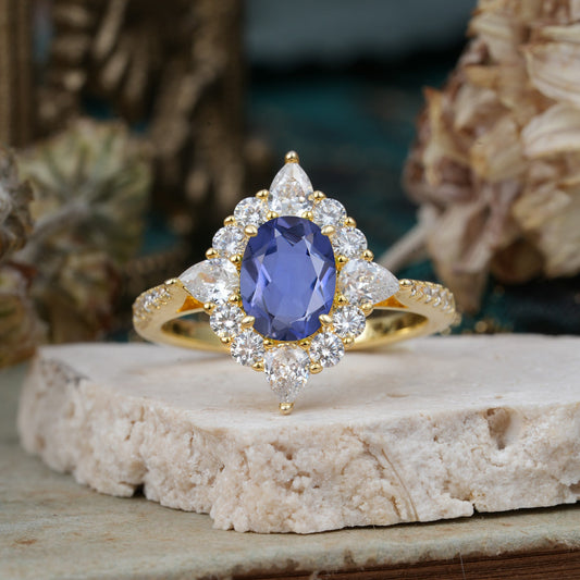 Luxury Oval Cut Halo Pavé Tanzanite Engagement Ring