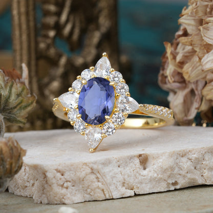 Luxury Oval Cut Halo Pavé Tanzanite Engagement Ring