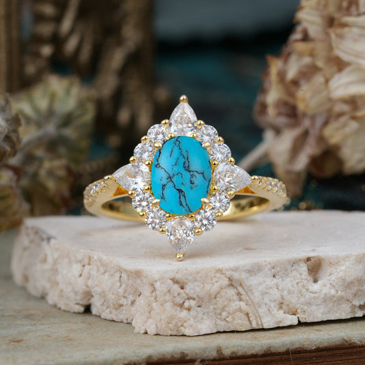 Luxury Oval Cut Halo Pavé Turquoise Engagement Ring