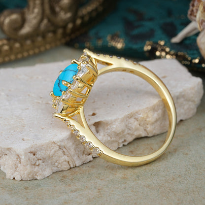 Luxury Oval Cut Halo Pavé Turquoise Engagement Ring