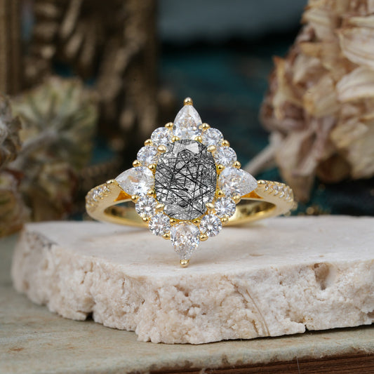 Luxury Oval Cut Halo Pavé Black Rutilated Quartz Engagement Ring