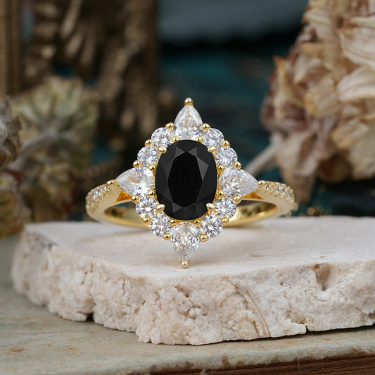 Luxury Oval Cut Halo Pavé Black Onyx Engagement Ring