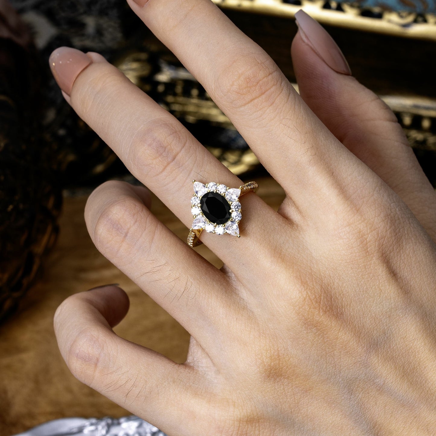Luxury Oval Cut Halo Pavé Black Onyx Engagement Ring