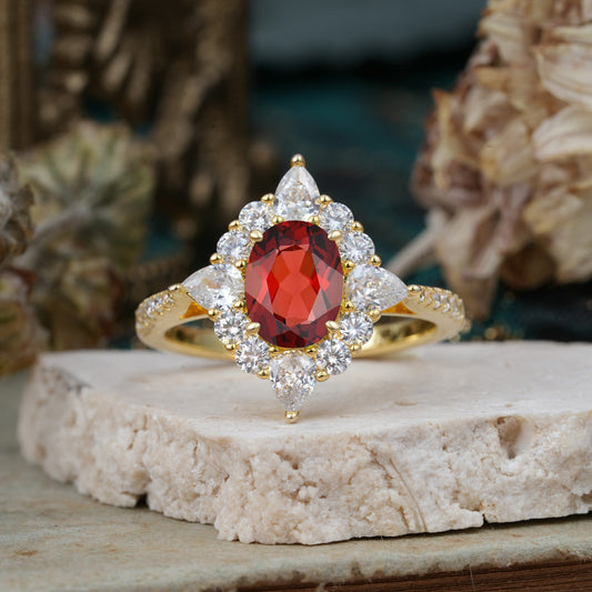 Luxury Oval Cut Halo Pavé Garnet Engagement Ring