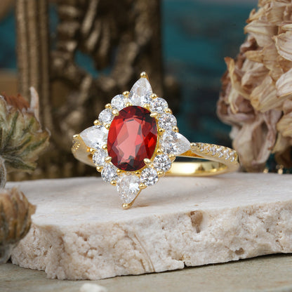 Luxury Oval Cut Halo Pavé Garnet Engagement Ring