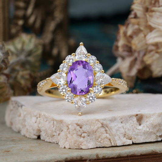Luxury Oval Cut Halo Pavé Amethyst Engagement Ring