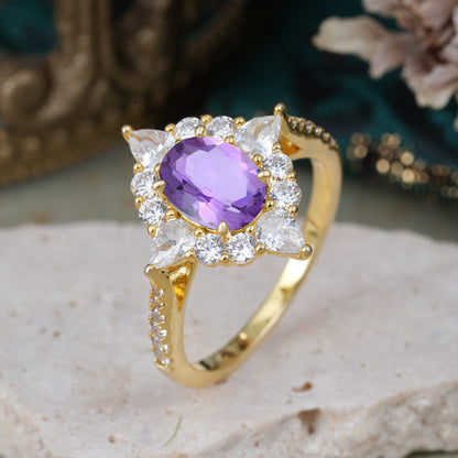 Luxury Oval Cut Halo Pavé Amethyst Engagement Ring