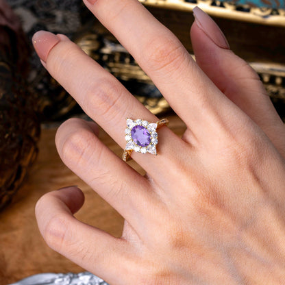 Luxury Oval Cut Halo Pavé Amethyst Engagement Ring